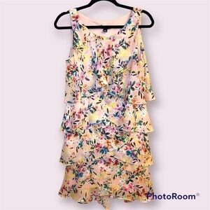 SLNY Sleeveless Tiered Chiffon Dress, Sz 10, floral, ruffled, EUC